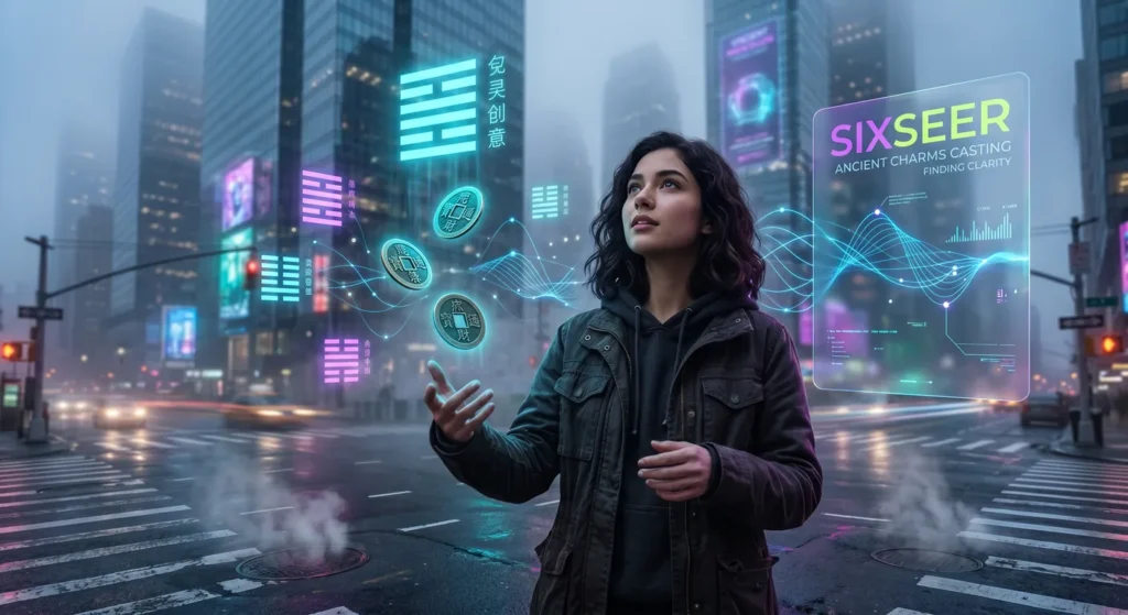 A-modern-young-woman-finding-clarity-through-Sixseer-the-ancient-Chinese-Charms-Casting-method-using-coins-and-glowing-I-Ching-hexagrams
