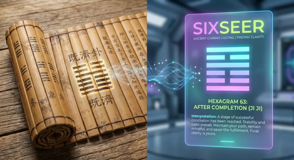 A-split-screen-showing-an-ancient-I-Ching-bamboo-scroll-transforming-into-a-modern-digital-interface-displaying-Sixseer-Liu-Yao-results