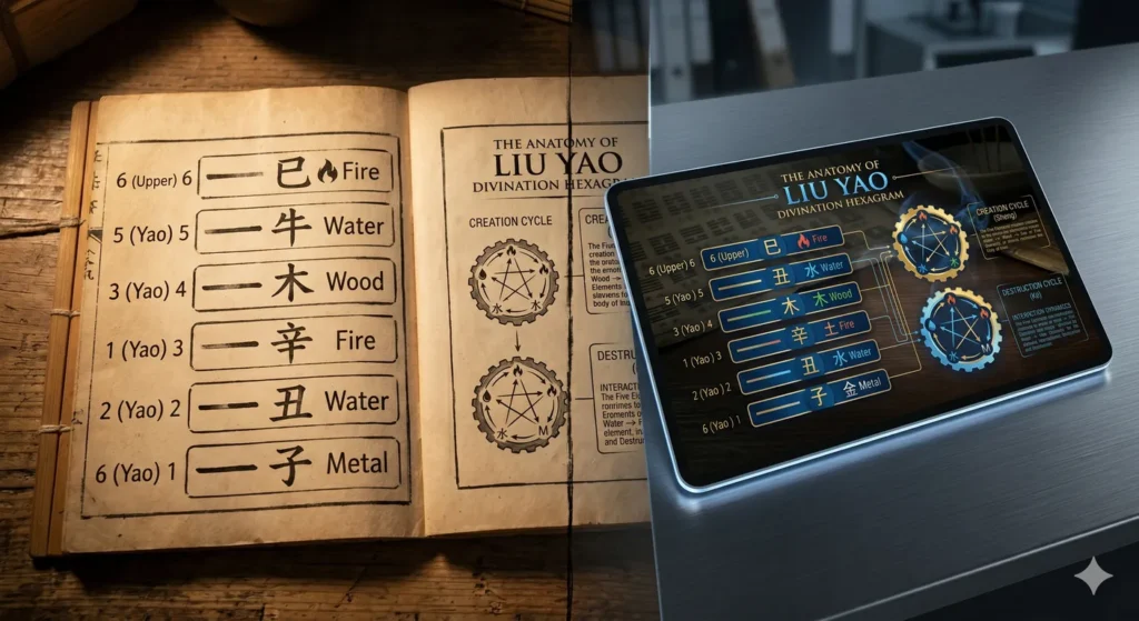 Ancient-I-Ching-book-next-to-a-modern-digital-analysis-tablet