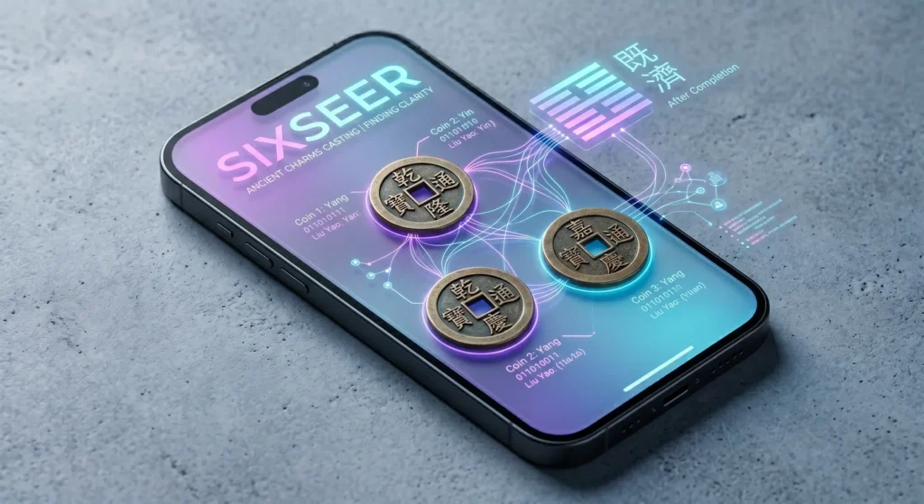 Three-Chinese-divination-coins-used-for-Liu-Yao-casting-resting-on-a-modern-smartphone-with-a-glassmorphism-interface