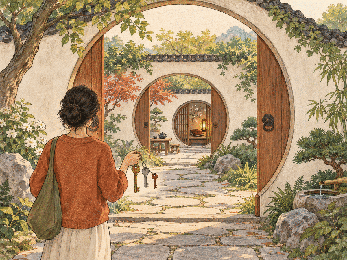 A person chooses among three keys before nested garden gates leading toward a protected journal