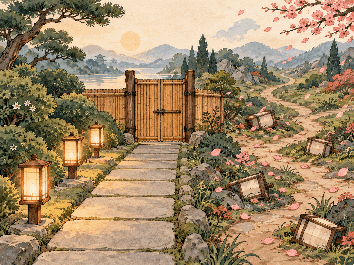 A closed bamboo gate separates a steady row of glowing lanterns from scattered unlit lanterns and windblown petals