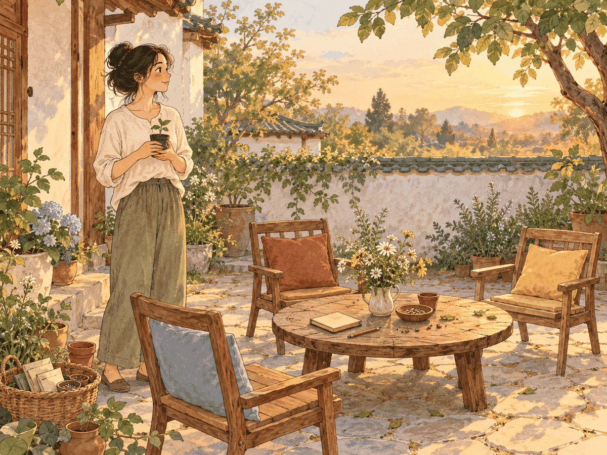 A person reflects after a gathering beside three empty chairs and a small seedling