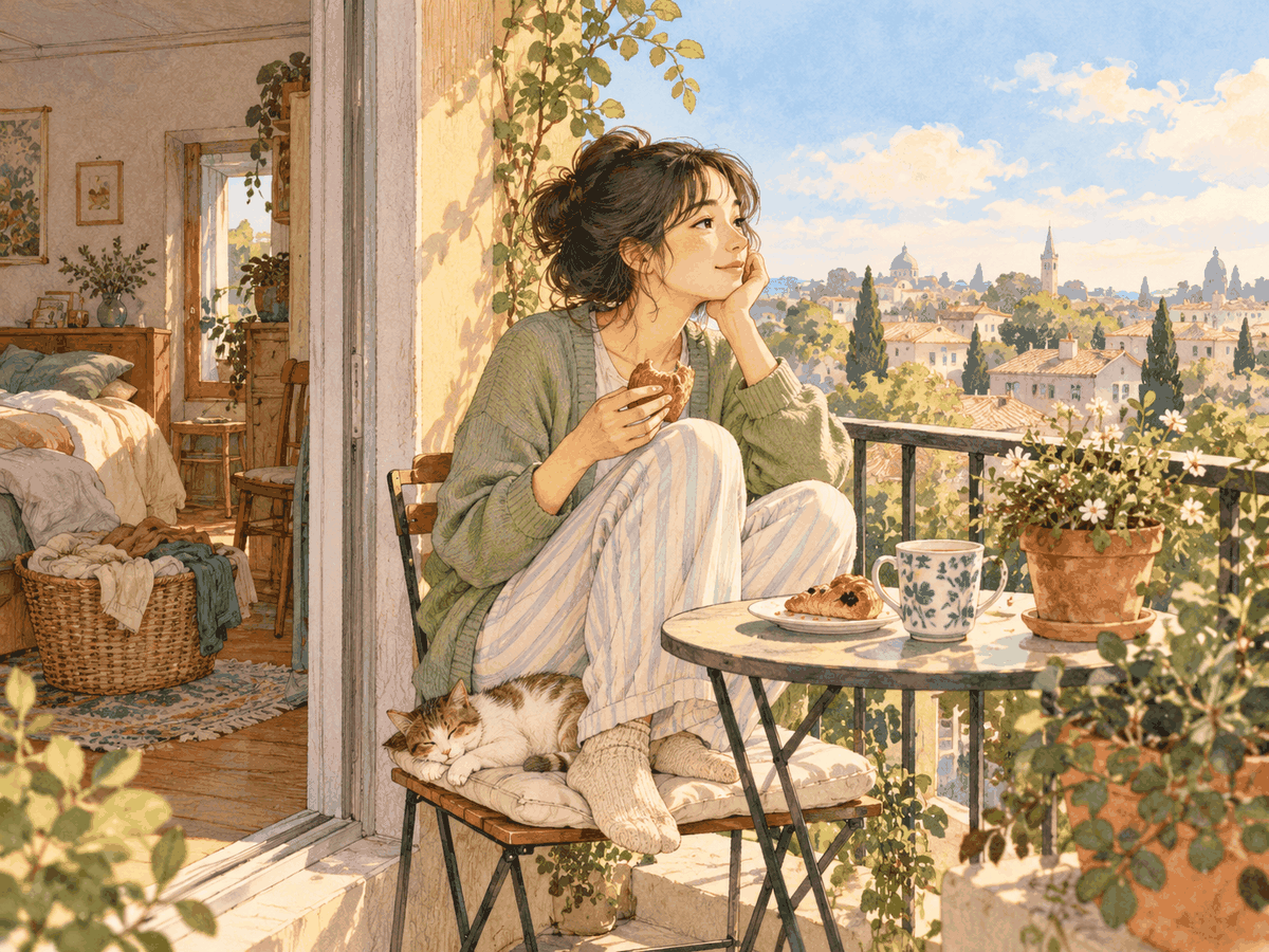 A woman enjoys a pastry on a sunny balcony while a small laundry basket waits indoors