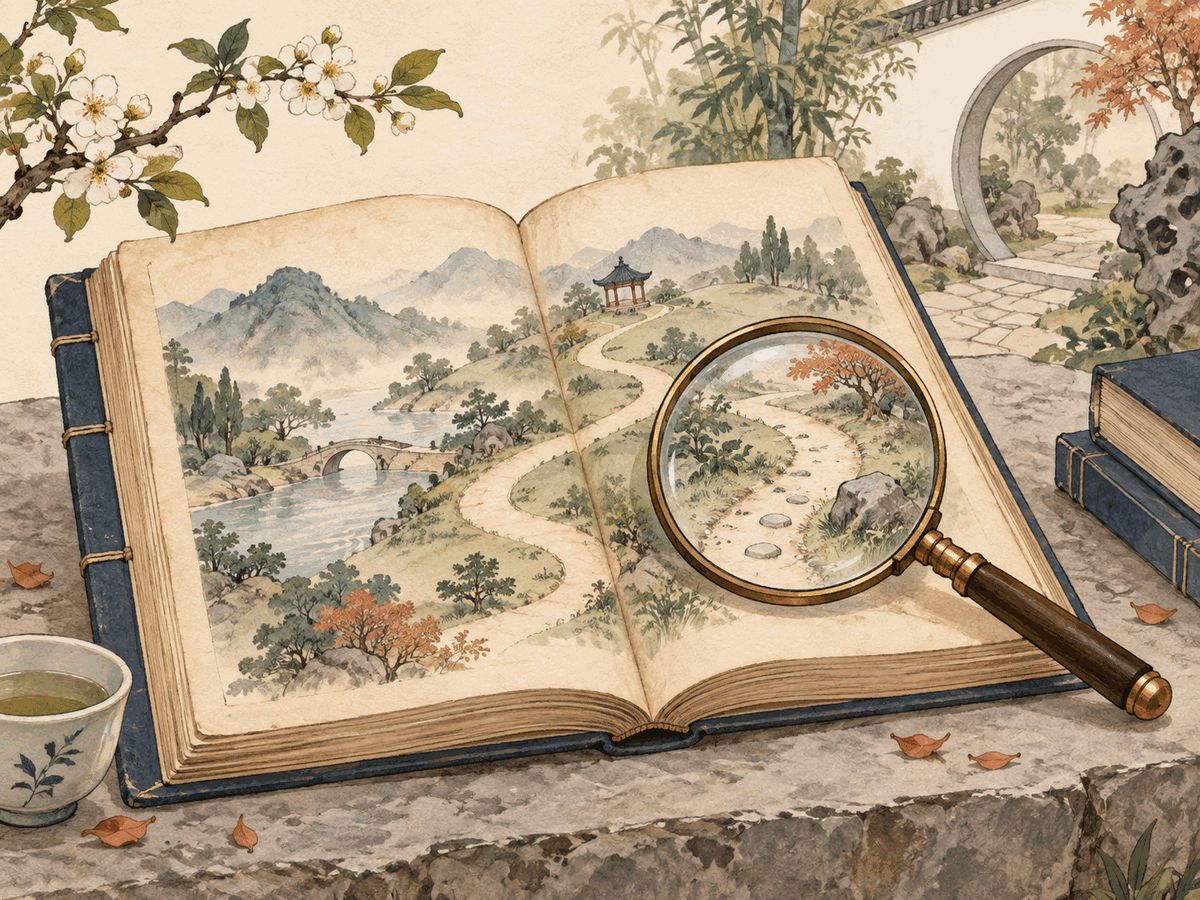 Open old book painted as a landscape map with a magnifying glass over one part of the road