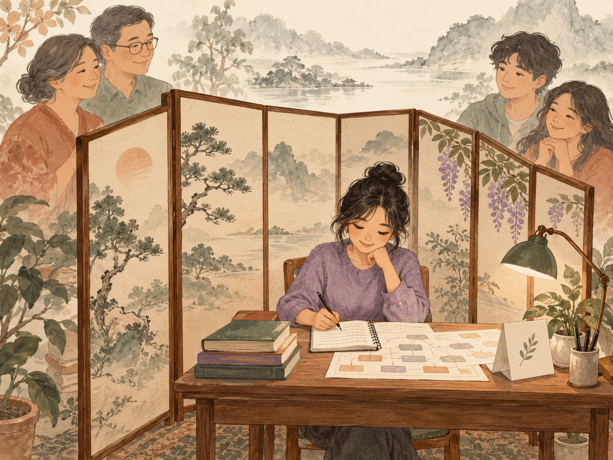 Student studying behind a gentle folding screen while supportive family remains outside the decision space