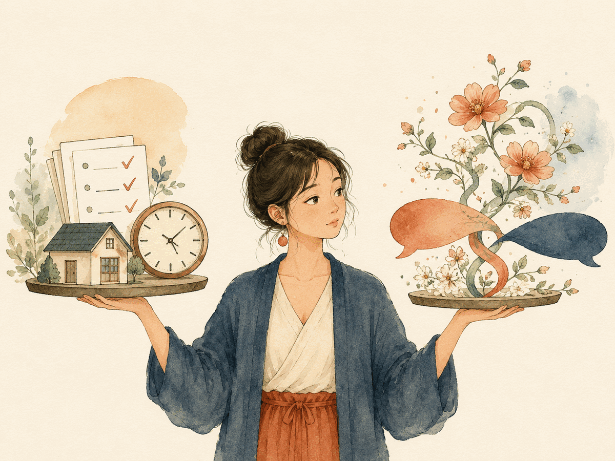 A woman weighs a tray of checked relationship qualities against two speech ribbons growing into flowers