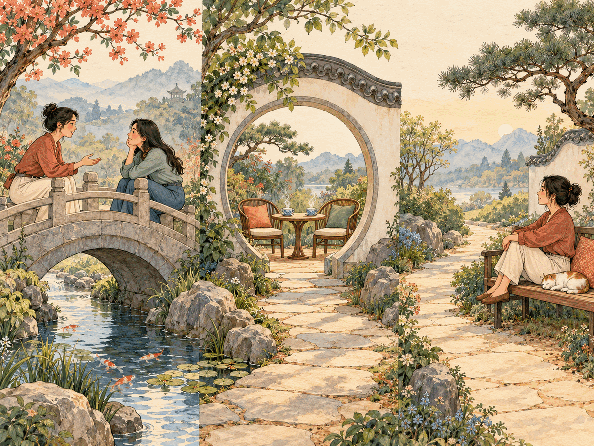Three garden scenes show an honest conversation, an open invitation, and a calm pause