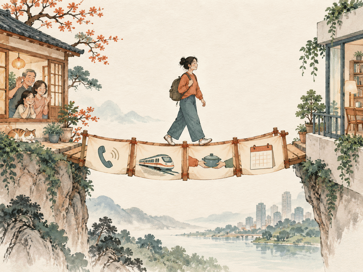 A paper bridge connecting a new apartment to a family home with calls, visits, and shared tasks marked by symbols