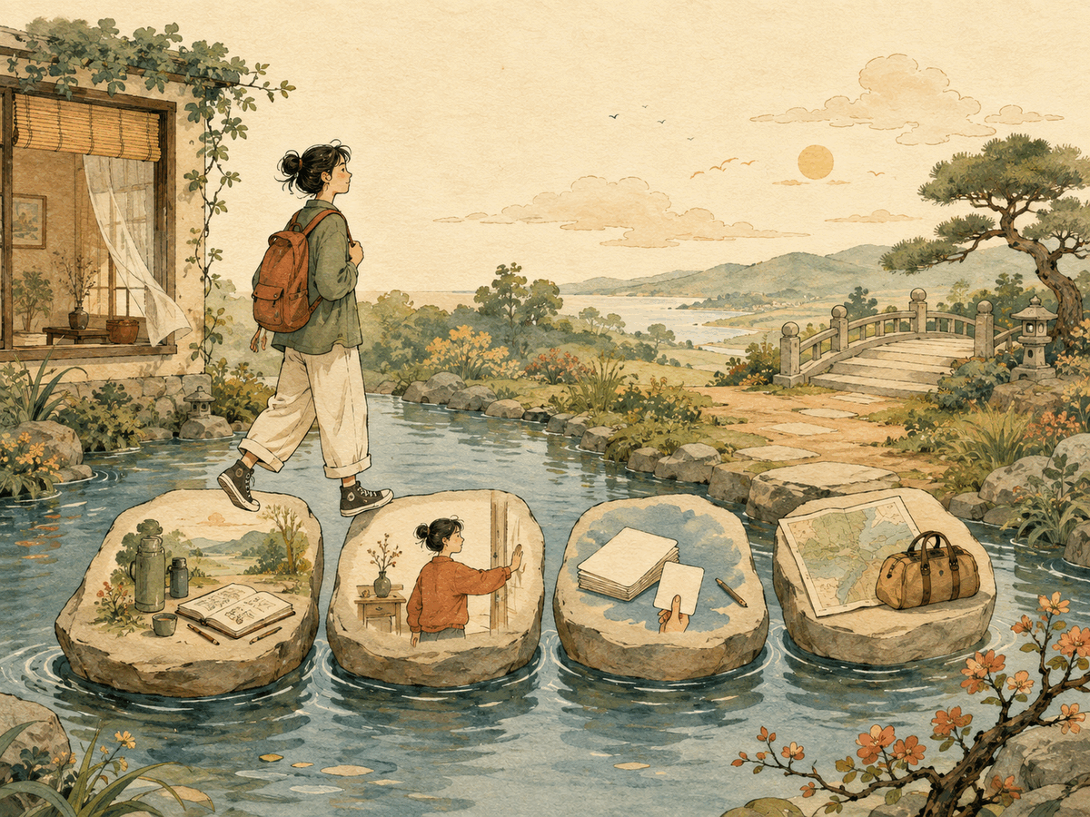 A person crosses four stepping stones representing solitude, boundaries, learning, and a carefully planned trial stay