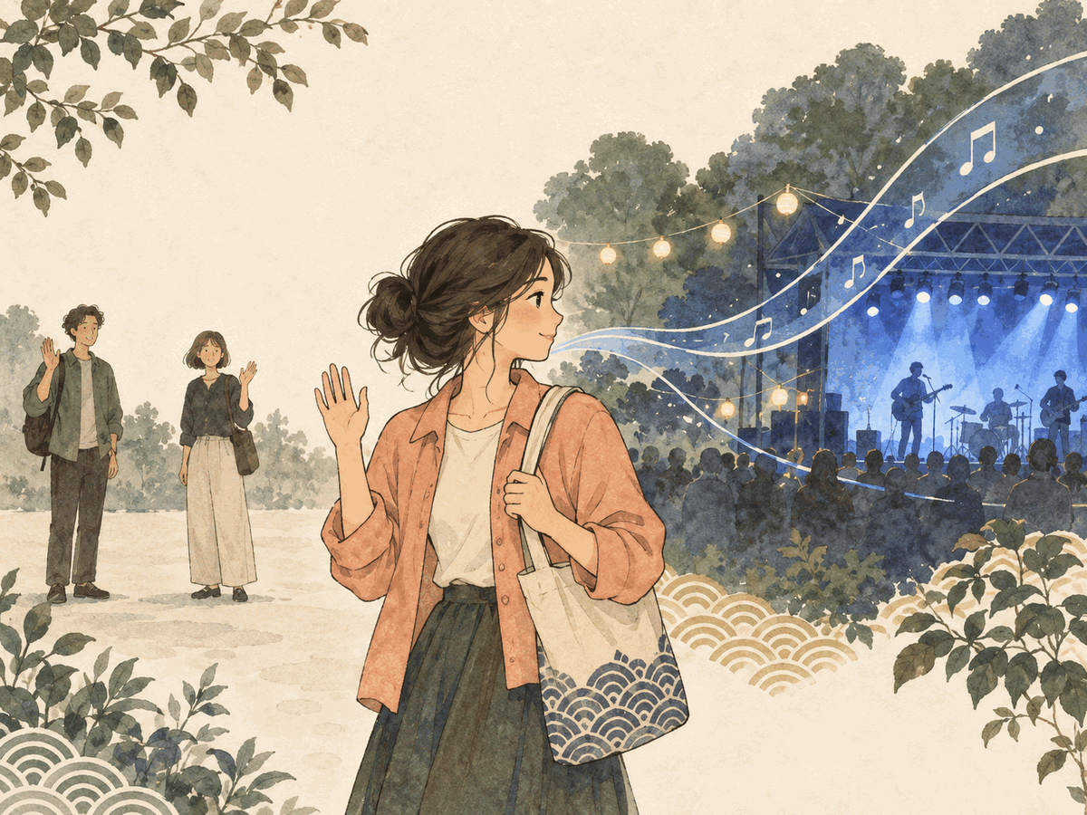 A woman gives acquaintances a small wave while turning her attention toward the performance