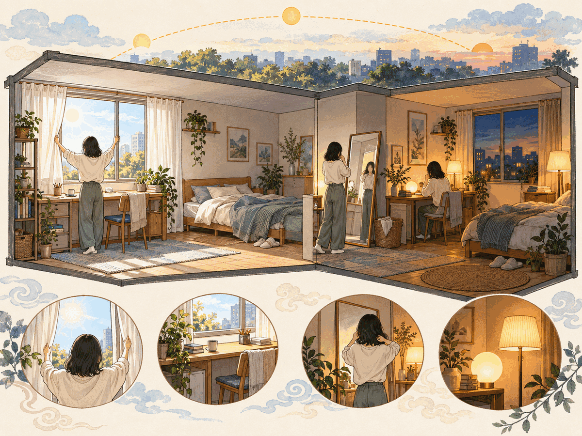 Hand-drawn room showing daylight, a clear window, a mirror, and layered evening lamps