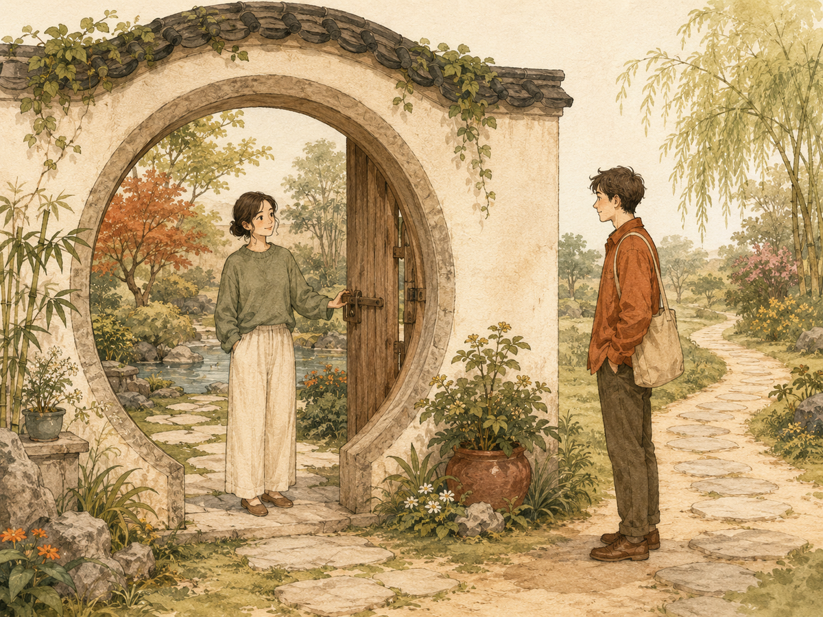 A calm figure at a garden gate while one visitor waits respectfully and another path turns away