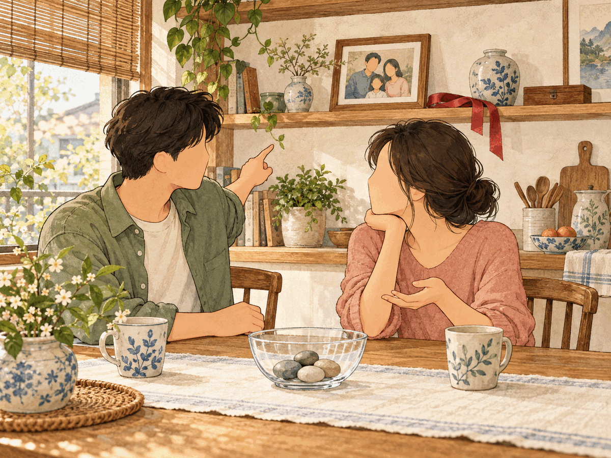 A couple has a calm conversation at a kitchen table with concrete facts between them