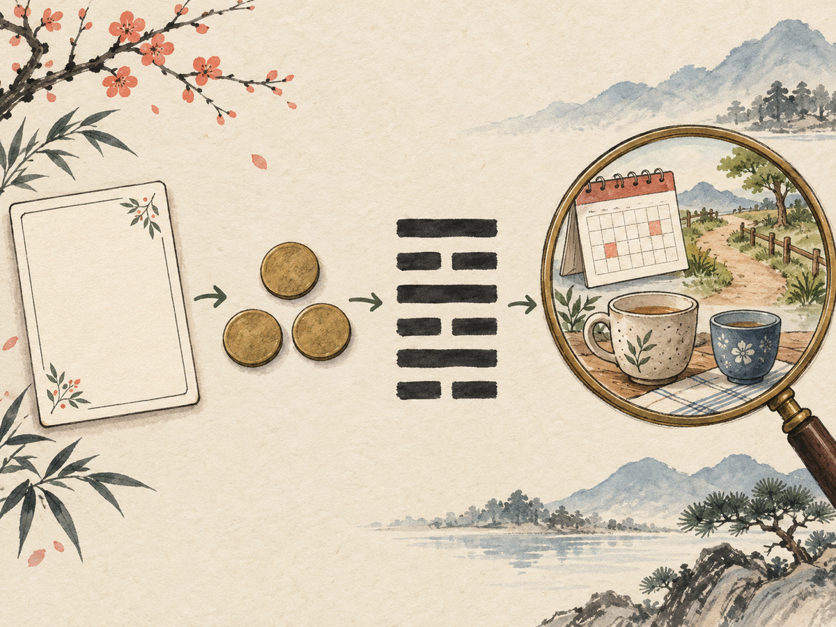 A focused question card, three coins, six cast lines, and a magnifying glass over a calendar, path, and two cups