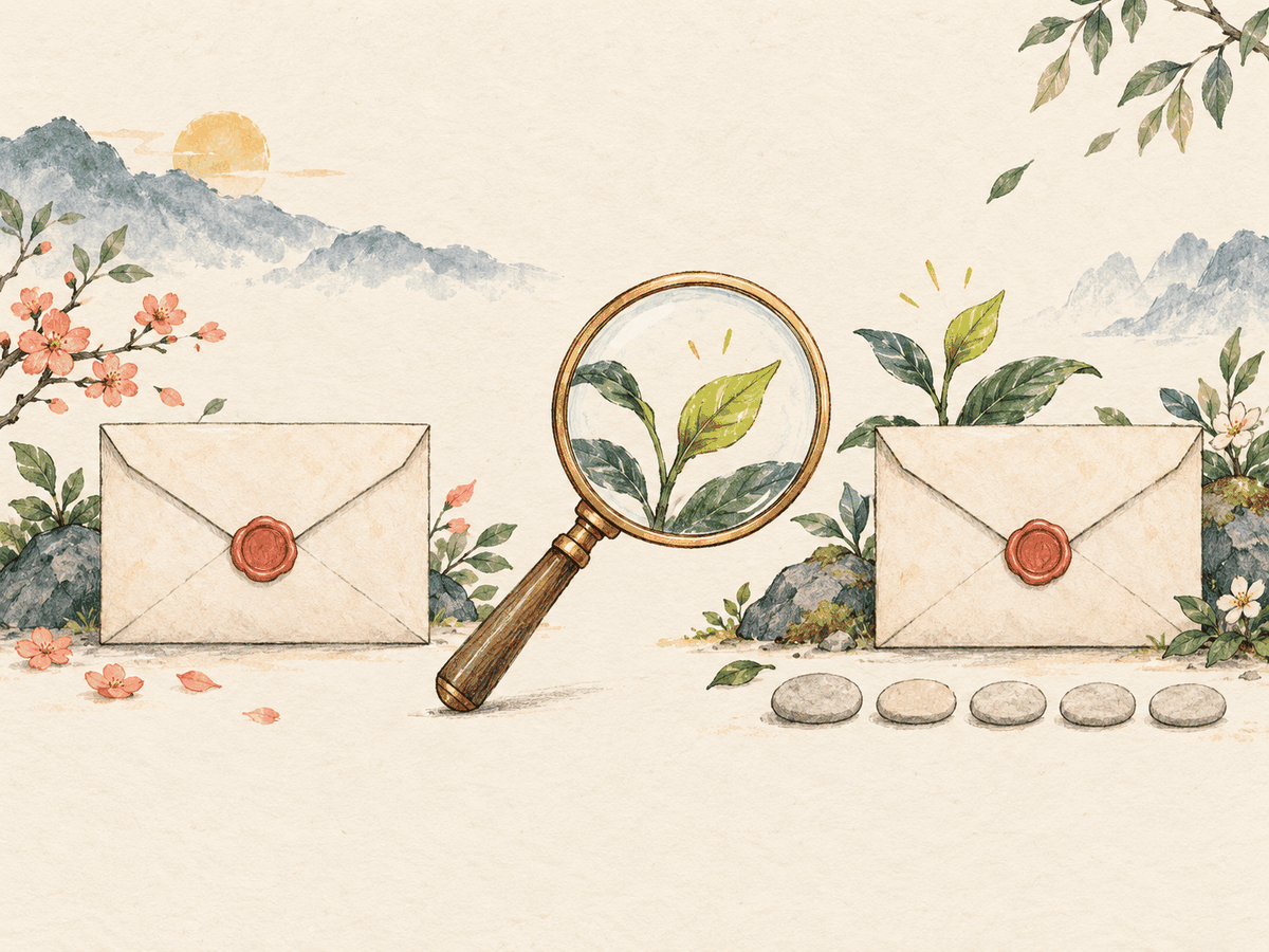 A magnifying glass reveals a new leaf between two sealed envelopes.