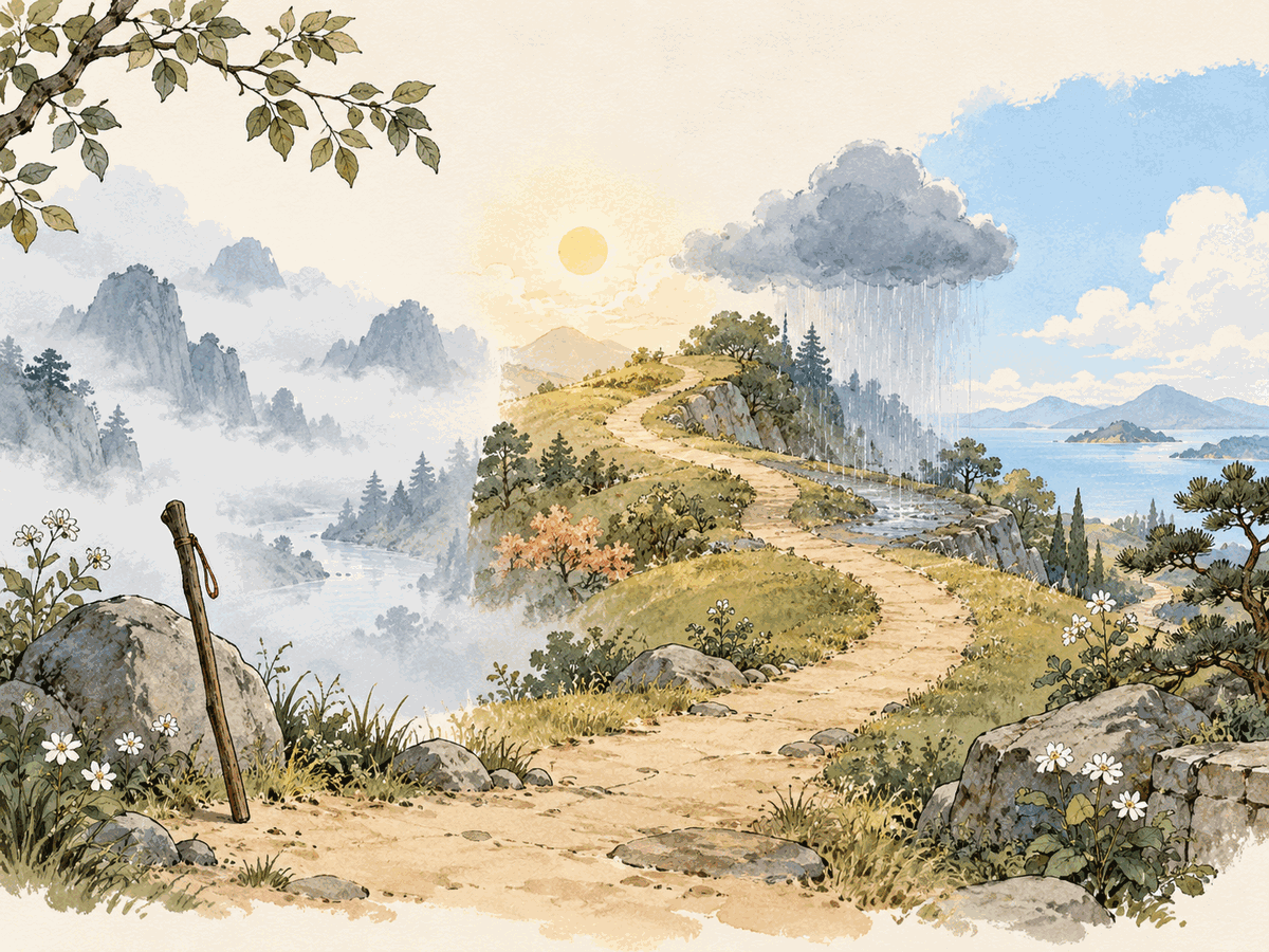 A mountain path passing through mist, rain, sunshine, and clear sky beside a walking stick