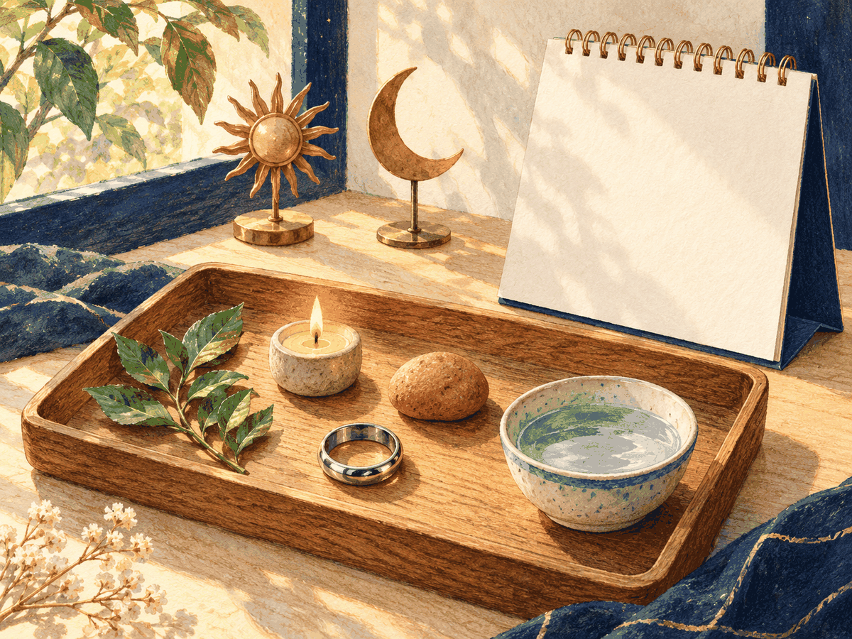 Five everyday objects represent the elements beside a blank calendar.