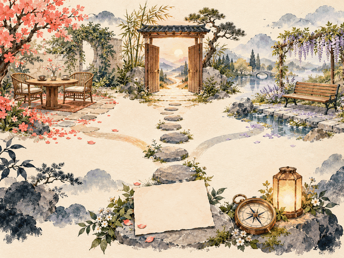 A blank question card and six stepping stones leading to three calm relationship choices