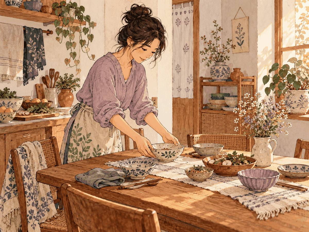 A woman sets a small table with mismatched bowls and flowers at home