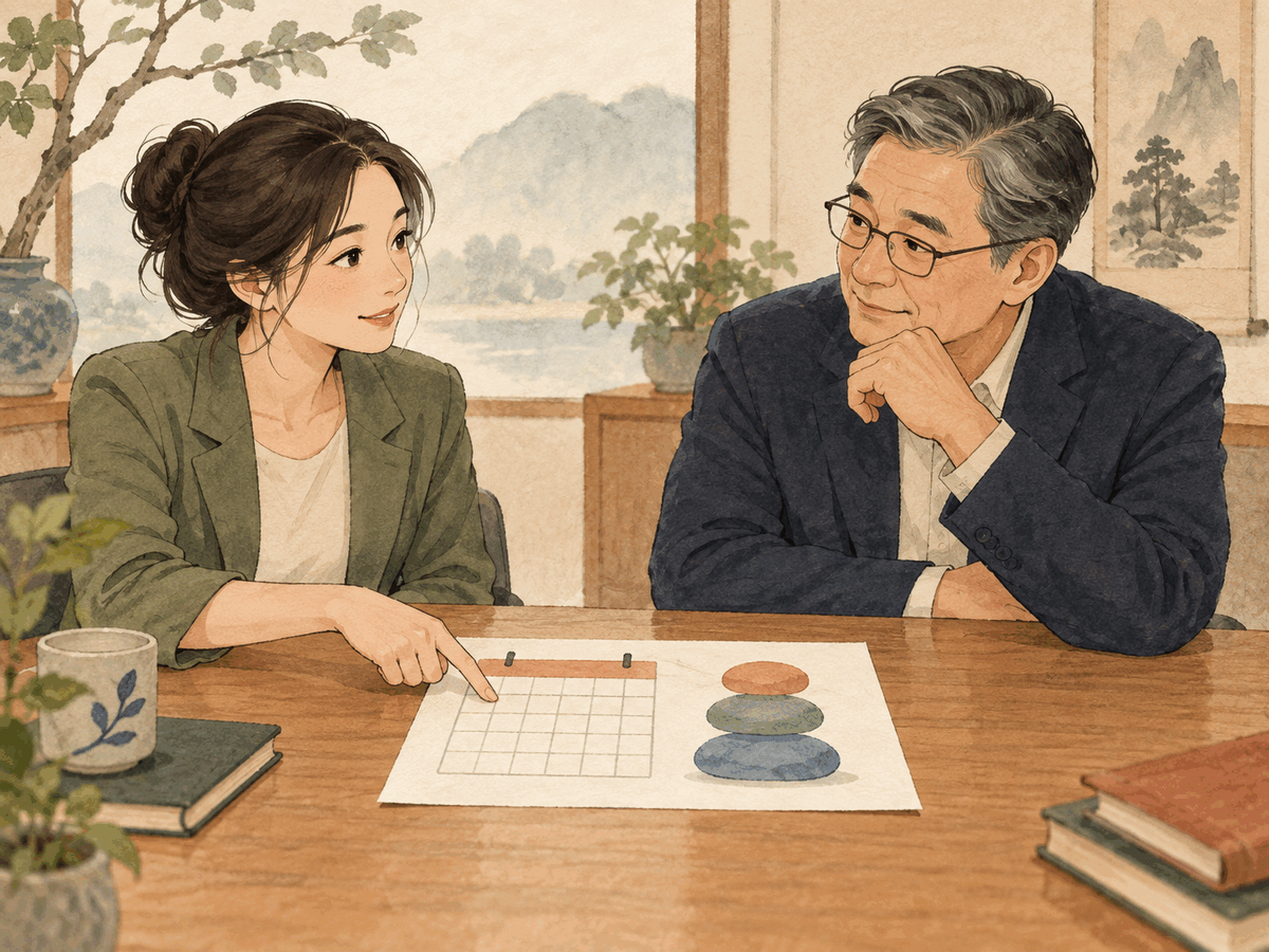 A calm workplace conversation with a one-page scope map and calendar between two people