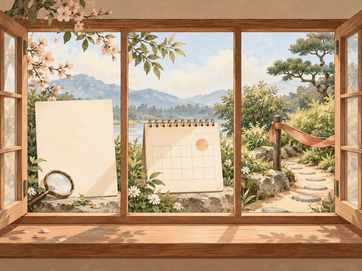 A warm hand-drawn window divided into a question, a calendar and a boundary path