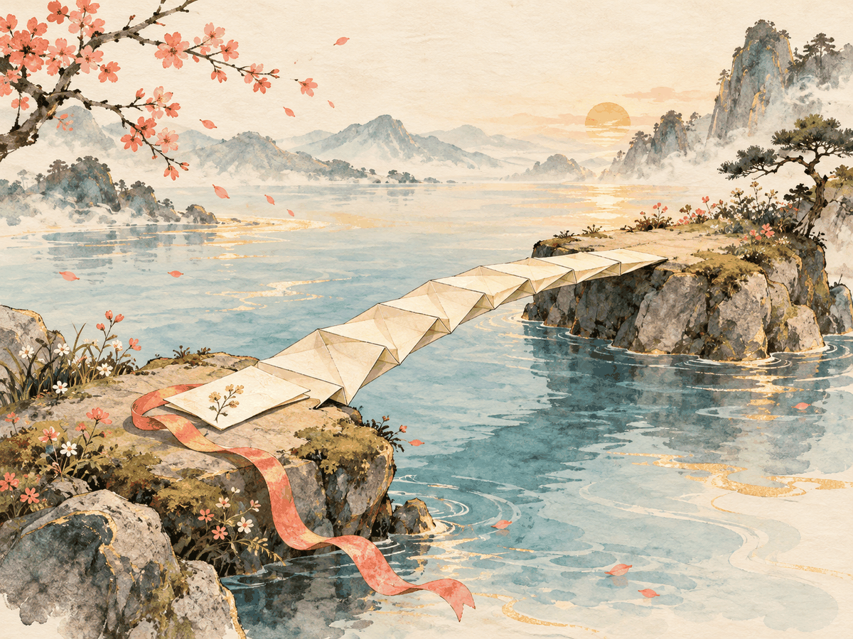 A folded-paper bridge carries one note between two open shores.