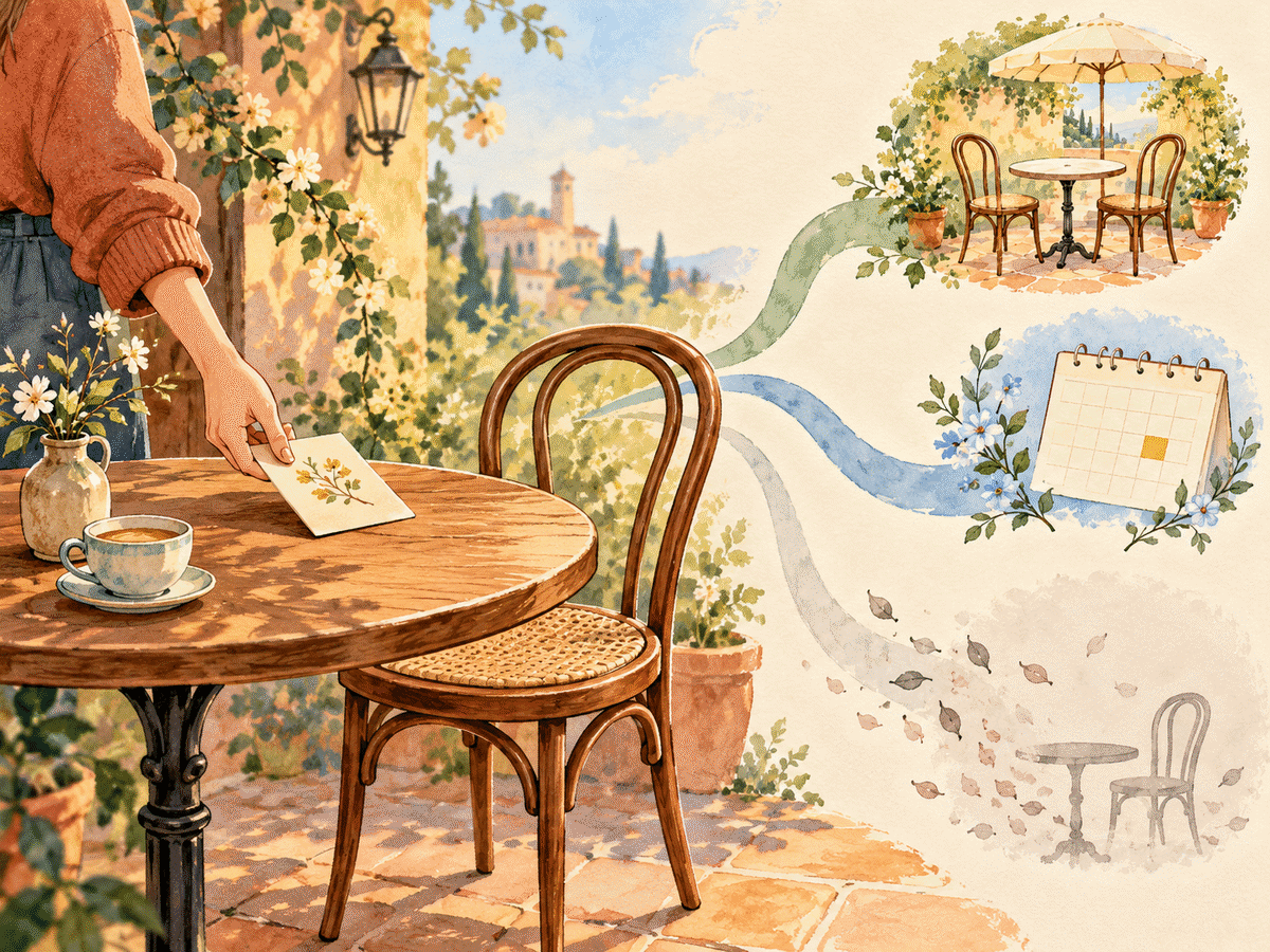 A simple invitation card at a café table with paths toward yes, another day, or a gentle ending