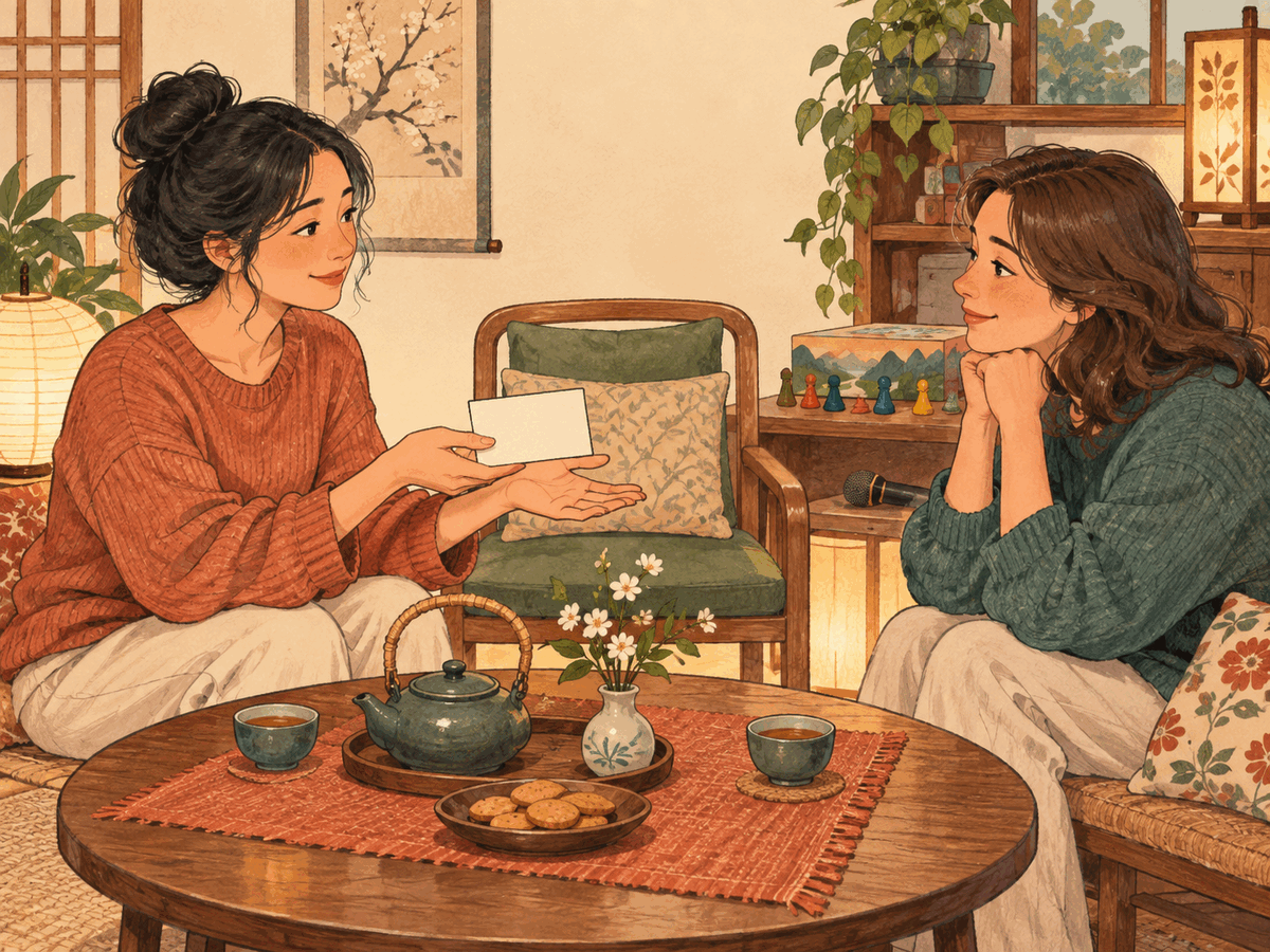 Two friends talk calmly over tea while one offers a simple blank invitation card