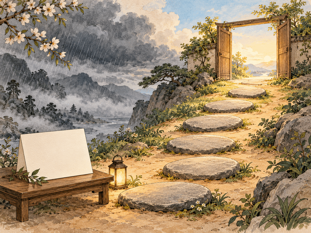 Six stepping stones lead from a blank question card through changing weather to an open gate