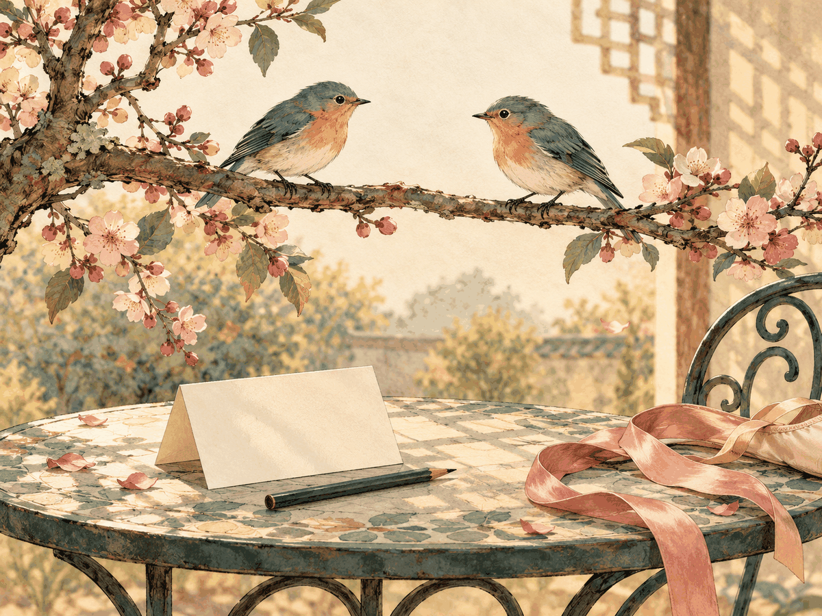 Two songbirds face each other above a table with a blank question card and pencil.