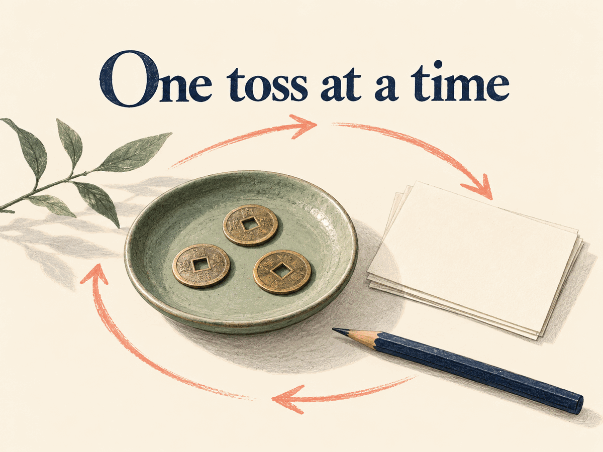 Three coins, a pencil, and note cards illustrate recording each toss consistently.