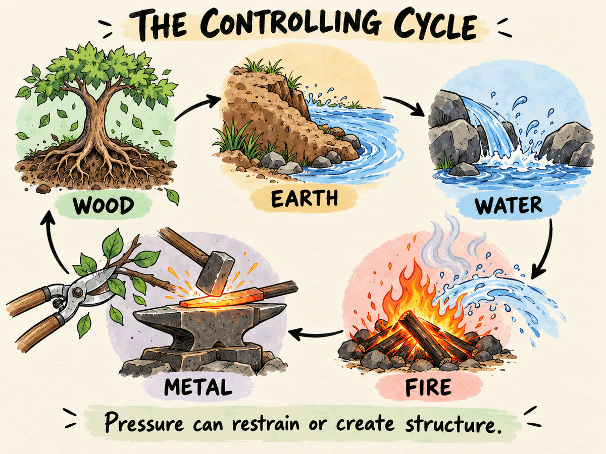 Diagram of the Wu Xing controlling cycle from Wood to Earth, Water, Fire, Metal and back to Wood