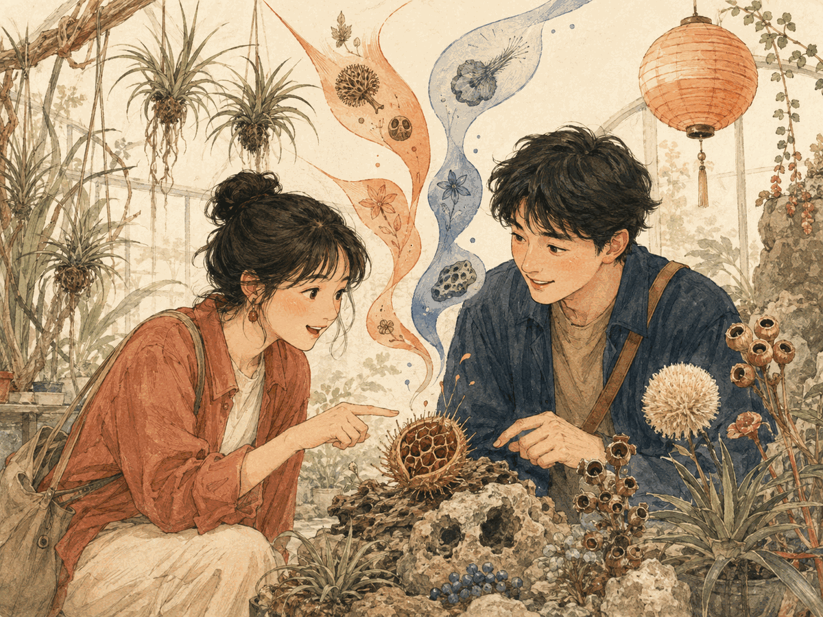 Two people exchange lively ideas while exploring unusual plants and seed pods in a glasshouse garden