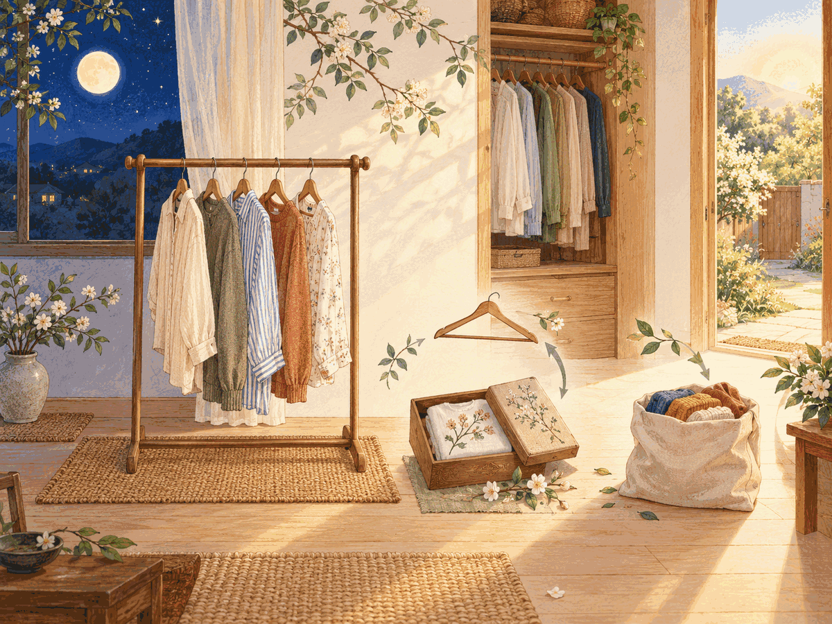A separate clothing rail moving from moonlight to morning beside a wardrobe, keepsake box, and donation bag