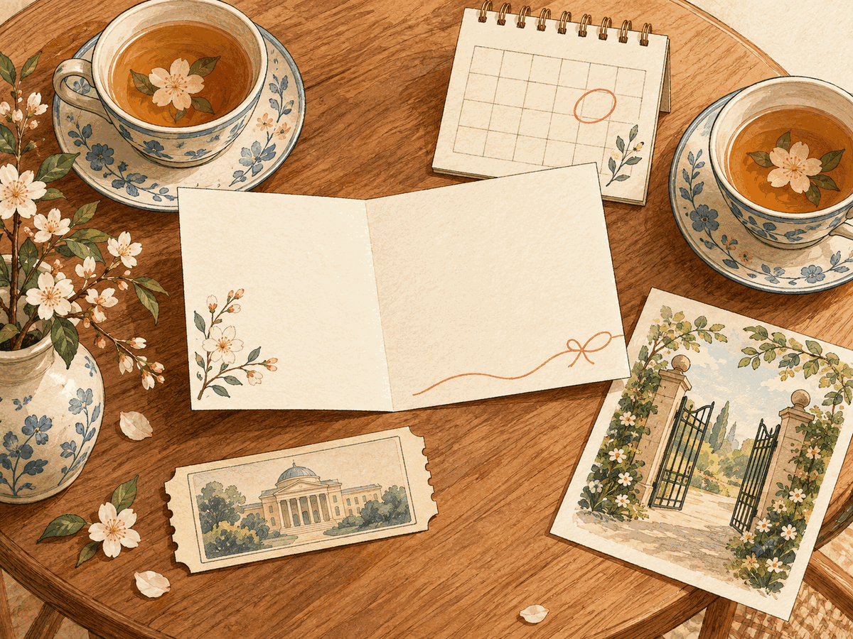 A blank invitation, two teacups, a calendar, and an open garden gate create a low-pressure plan