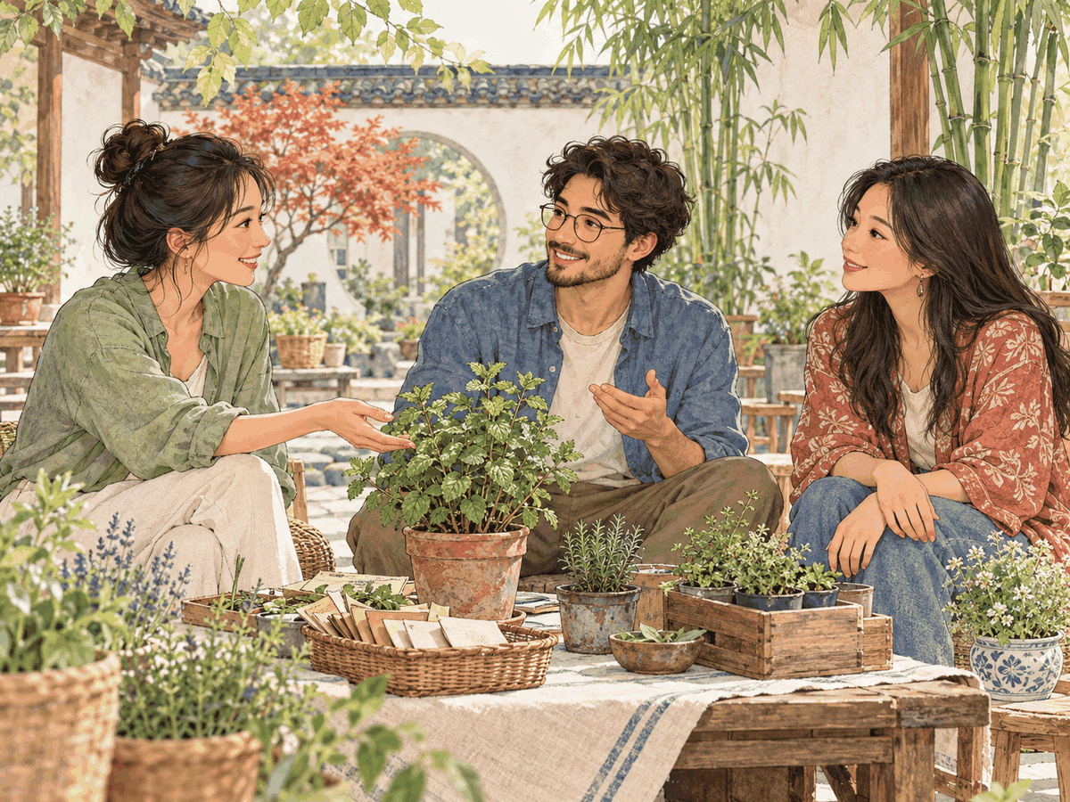 Three friends share a light conversation around small herb pots without putting anyone on the spot