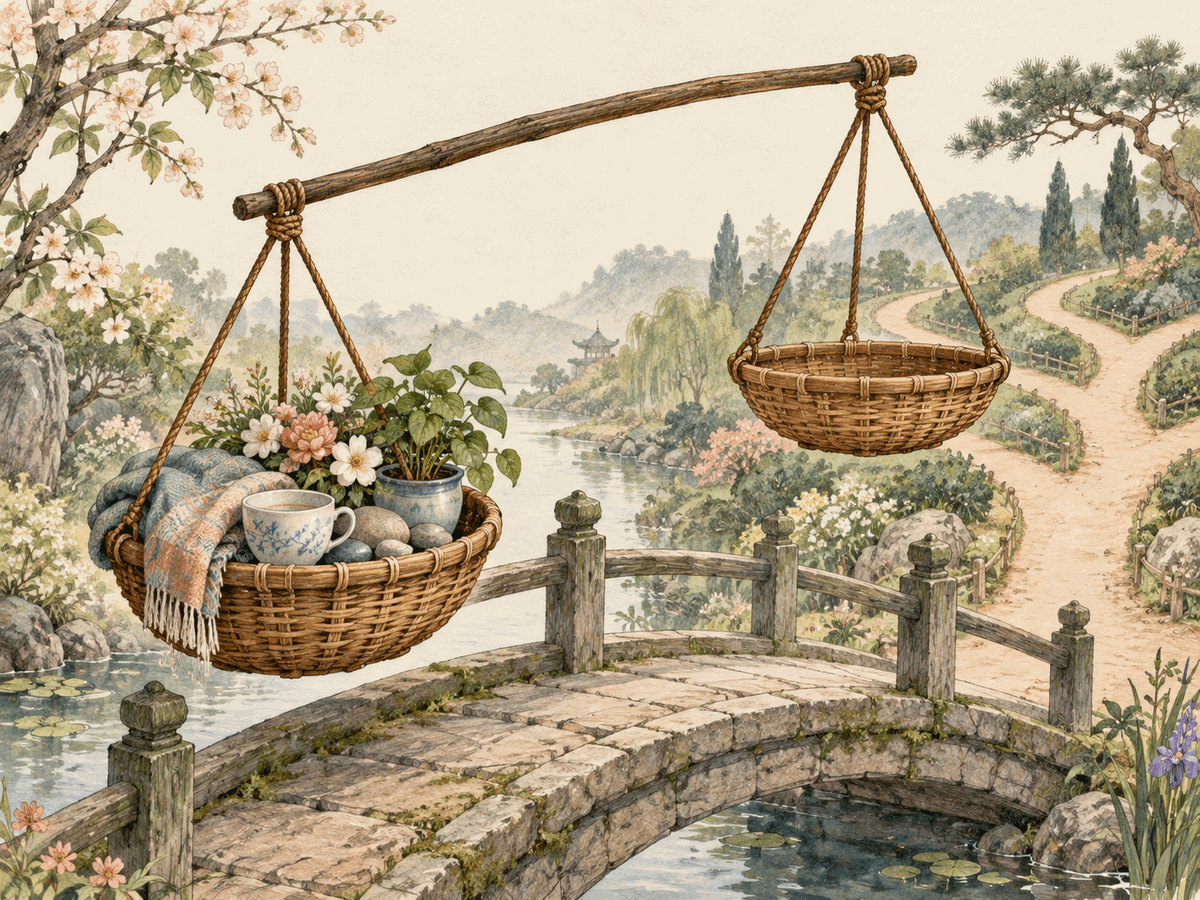 A carrying beam holds a full basket of comforting objects low and an empty basket high above branching garden paths