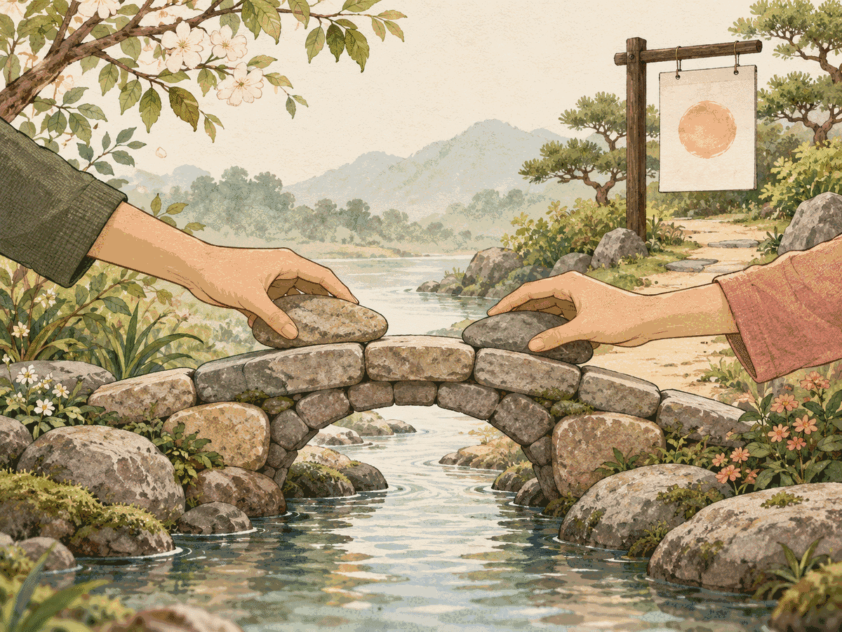 Two hands placing stones on a bridge that leads to a marked return date