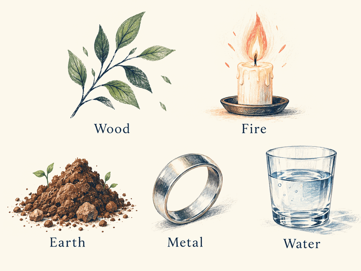 Five everyday objects introduce Wood, Fire, Earth, Metal, and Water.