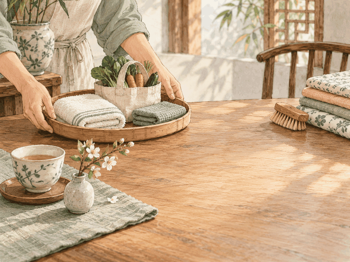 A hand sets aside a tray of essential household tasks, leaving clear space beside a teacup