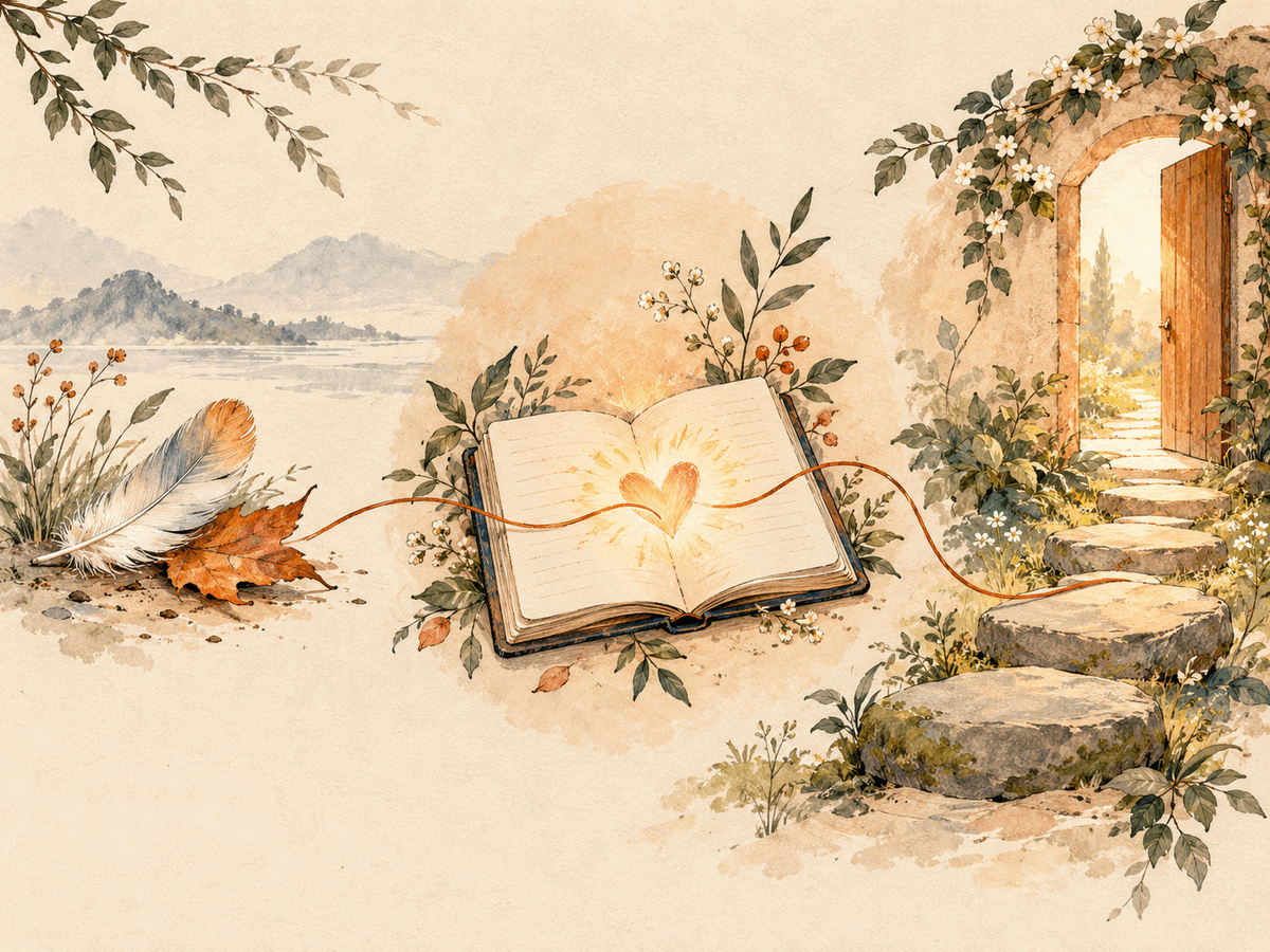 A feather, an open journal, and stepping stones linked by a single thread