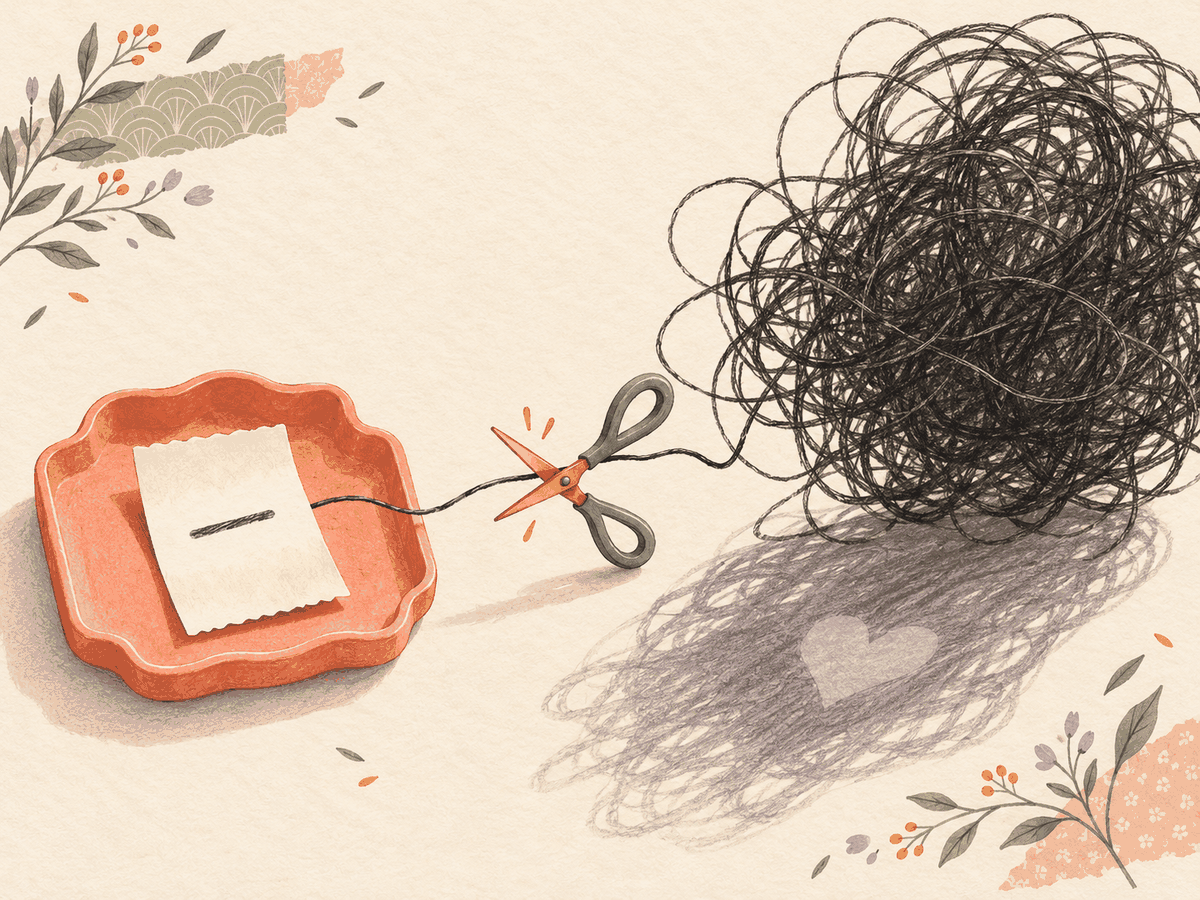Scissors cut a thread between a small paper mark and an oversized tangle.