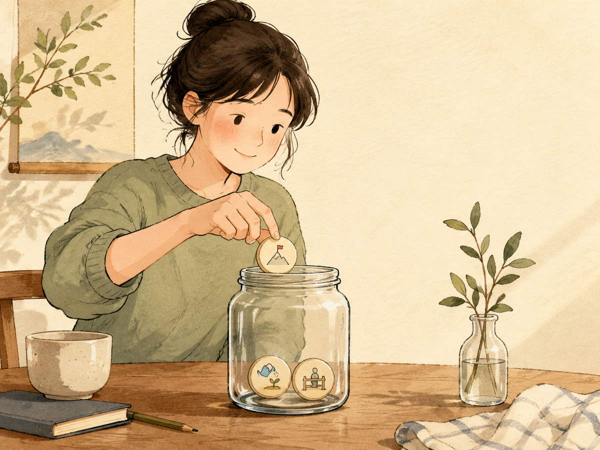 A person placing small symbols of completed tasks and kept promises into an evidence jar