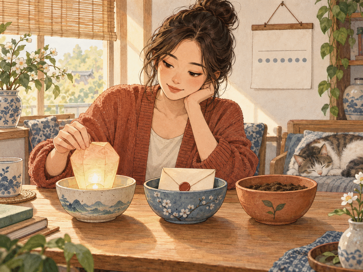 Young woman sorting an indirect signal, a missing direct message, and evidence of change into three bowls