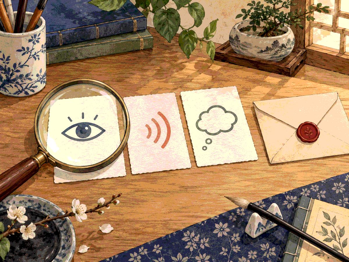 A magnifying glass, three plain evidence cards, and one sealed envelope illustrate checking facts before disclosure
