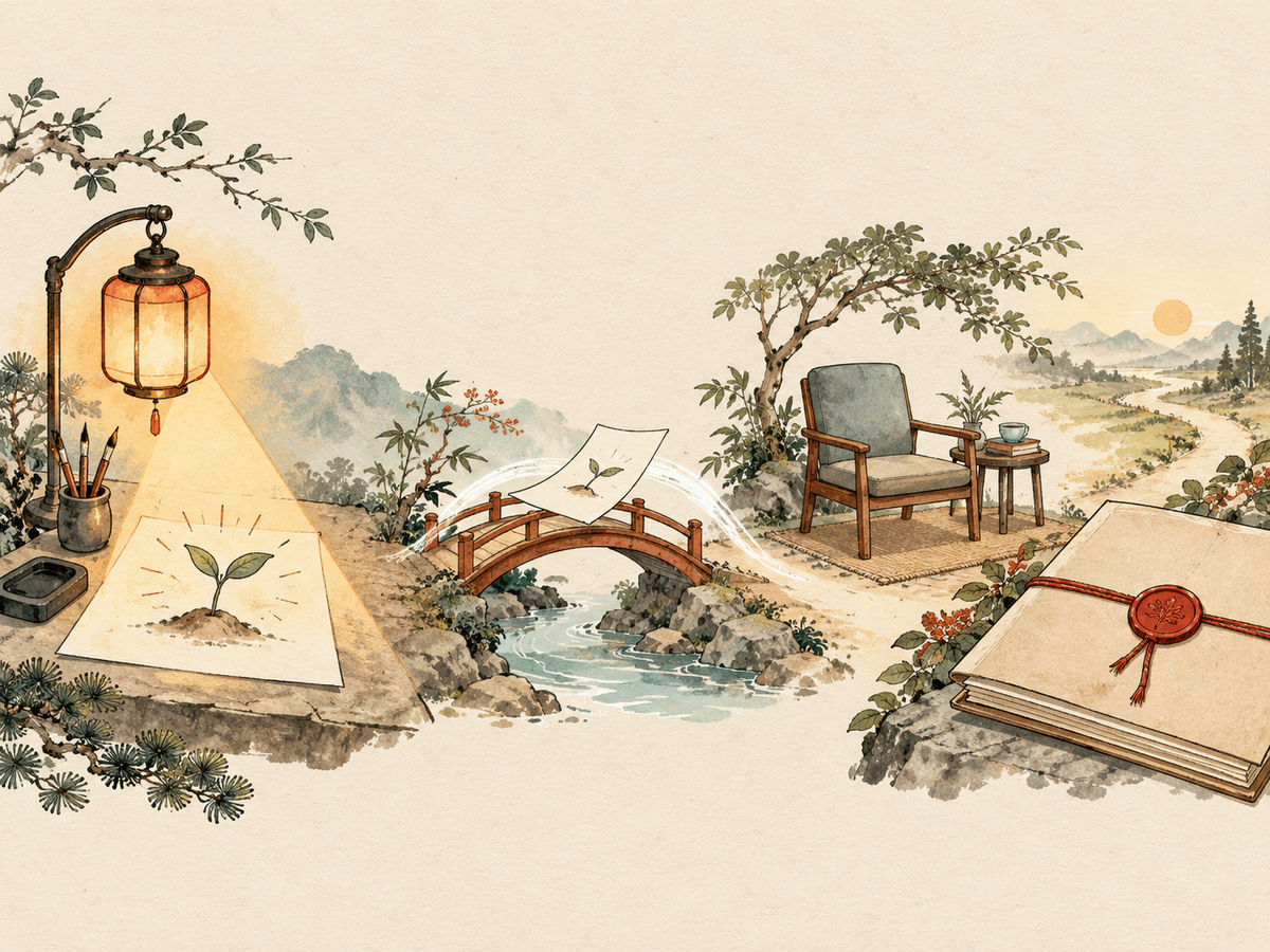 A lantern, a bridge to a reading chair, and a sealed portfolio representing meaning, reader, and release
