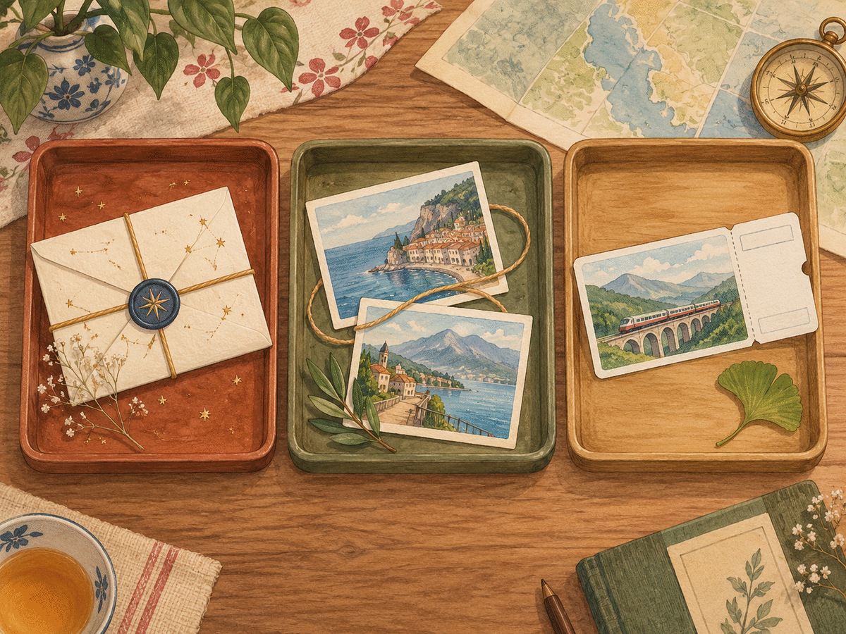 Three trays hold a sealed star-map envelope, looping postcards, and an open travel ticket