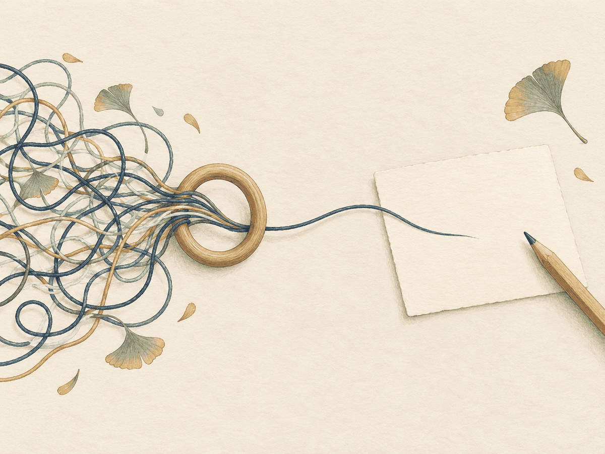 Loose threads gather into one thread beside a blank question card.