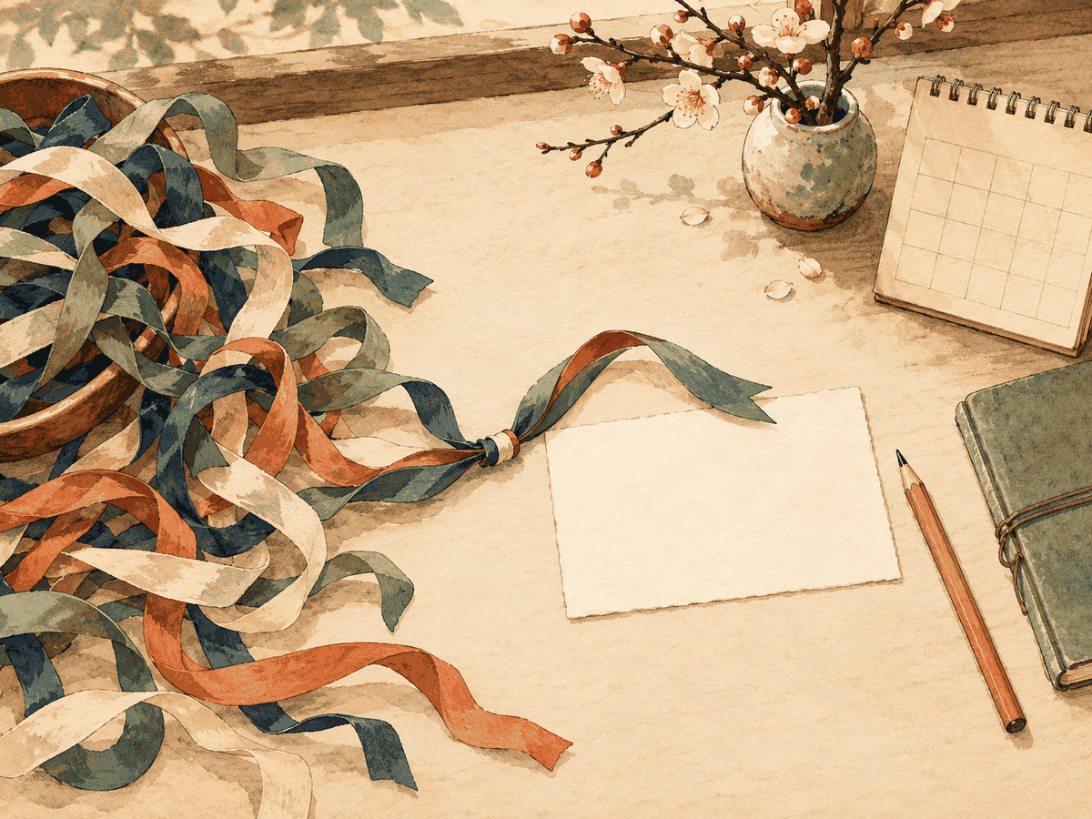 Loose ribbons gather beside one blank question card, pencil, notebook, and calendar.
